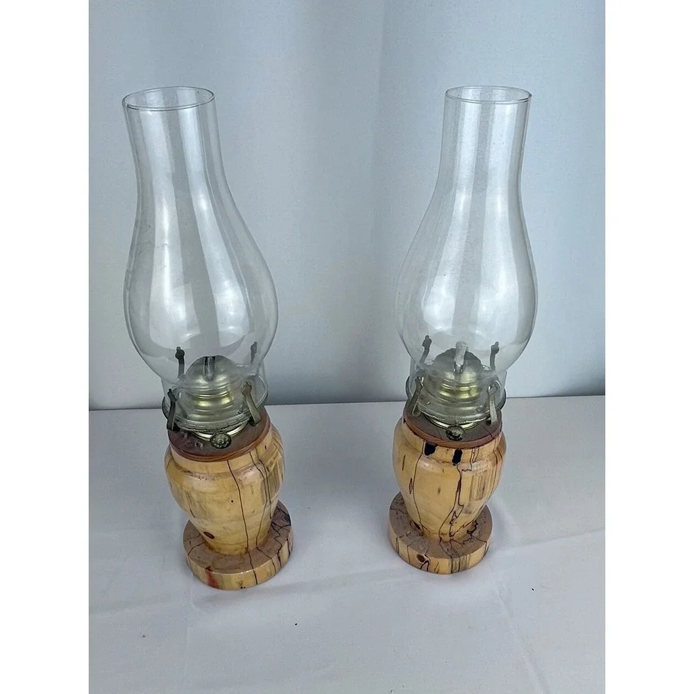 Vintage Wood Oil Lamp Lamps With Removeable Canister & Clear Glass Chimney 2